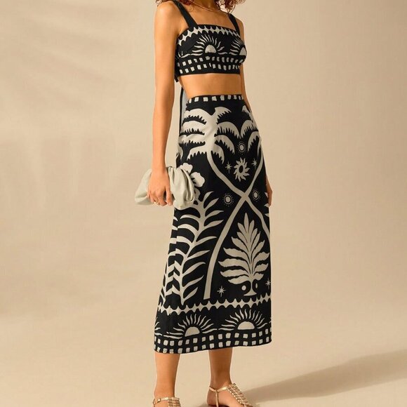 Black Boho Women's Coconut Print Cropped Cami Top And Fitted Maxi Skirt Set - Picture 4 of 7